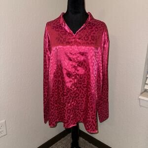 Pink Lily Already Spoken For Pink Leopard Print Satin Blouse Women's Size Large